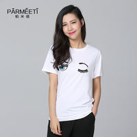 PARMEETI/帕米缇女装重工眼睛睫毛刺绣宽松白色短袖基本款T恤上衣