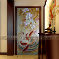 中式风格 玄关 过道背景墙 艺术玻璃 雕刻工艺玉兰花 富贵如意