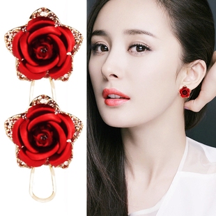 韩国时尚气质大款耳环优雅甜美红色玫瑰花朵耳扣耳钉女义乌小饰品