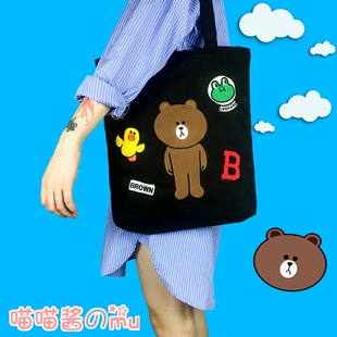 韩国ulzzang卡通刺绣小熊单肩包童趣原宿软妹帆布包购物袋学生包