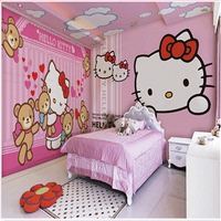 儿童房kt猫壁画 凯蒂猫主题壁纸粉色卡通kitty猫墙纸卧室无缝墙布