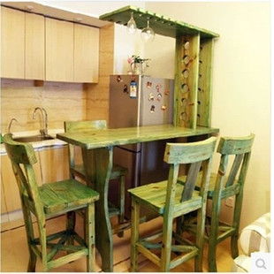 做旧美式吧台 地中海乡村田园绿色家用实木吧台桌椅组合可定制
