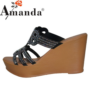 Amanda/艾曼达专柜正品新款时尚闪光布高台坡跟鞋网状花朵女凉鞋