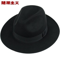 上海滩同款男士大沿爵士帽 毡帽黑色帽子 大檐礼帽中老年人帽子女