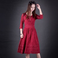 七分袖红色蕾丝连衣裙2016春夏中长款优雅女装复古大码修身礼服女