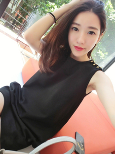 韩版夏季黑色OL气质优雅 肩膀金属珠显瘦直筒无袖背心裙连衣裙女