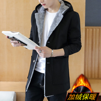 特价韩版青年学生修身纯色全黑风衣男士加绒加厚加棉保暖大码外套