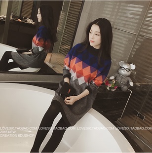 小溜家2015冬季新款韩版拼色几何半高领中长款毛衣针织连衣裙女99
