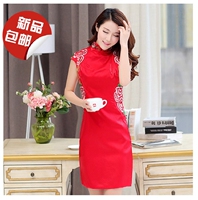 2016新款中国风民族风高档短款中裙旗袍改良刺绣红色礼仪礼服包邮