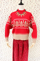 ｛日本产｝古着vintage正红喜庆粗毛线童趣圣诞美式北欧羊毛衣花