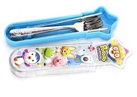 韩国进口Pororo小企鹅儿童餐具勺子++筷子+不锈钢叉子套装盒子