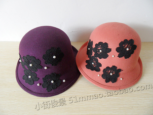 日本专柜秋冬新品 MIIA纯手工刺绣羊毛材质淑女风垂檐园顶帽 盆帽