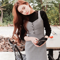 2016年秋季新款韩版女装格子背带修身包臀荷叶边裙中裙长袖连衣裙