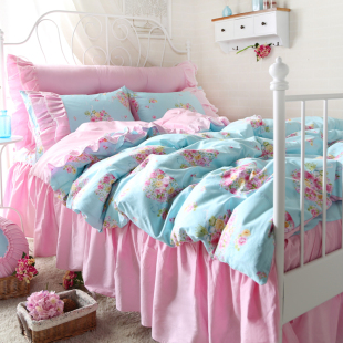 韩国公主床品 全棉粉色花边床裙床罩 可爱粉蓝色碎花小清新四件套