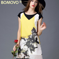 Bomovo2015夏季新款欧美大牌短袖印花欧根纱女装连衣裙夏中裙夏装