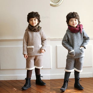 现货韩国进口童装正品代购2014冬款新品男童加绒精灵帽卫衣2件套