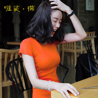 韩版修身春夏装T桖女士短袖圆领纯色T恤打底衫棉女上衣中长款紧身