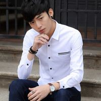 男士秋装新款打底衫衬衣高中大学生青年韩版修身休闲长袖衬衫男装