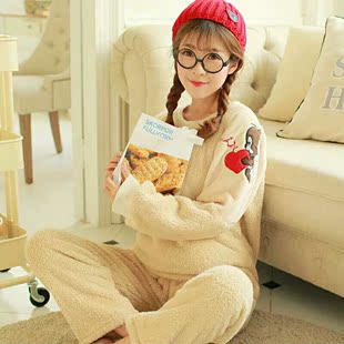 秋冬女土法兰绒长袖套装韩版可爱卡通睡衣可外穿纯色宽松女家居服