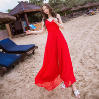 夏高档正品红色性感V领吊带露背度假长裙高腰收腰仙美雪纺沙滩裙