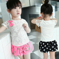 童装夏装新款 女童韩版套装 圆点灯笼短裤蕾丝t恤两件套 1-2-3-4