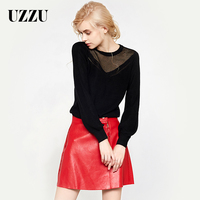 UZZU小衫2016潮新款女装百搭修身黑色打底衫女士圆领长袖套头毛衣