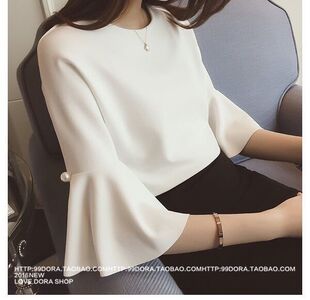 韩版简约白衬衫女夏学生大码宽松显瘦圆领套头衬衣中袖雪纺衫上衣