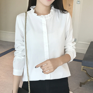 卡姿尚2017春装新款立领木耳边白色衬衫女长袖 韩版纯棉打底上衣