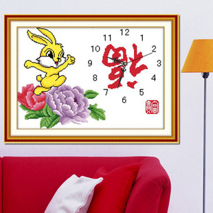 蒙娜丽莎可爱小兔子卡通儿童房间十字绣挂钟表新款客厅开富贵大幅