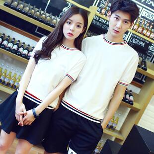 韩版半截袖上衣男 情侣装夏装圆领套头纯色T恤短袖大码女装简单款