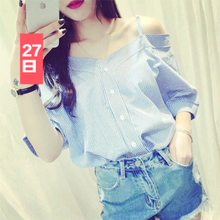 27日韩版2015夏装新款宽松条纹半袖漏肩吊带上衣一字领 短袖T恤女