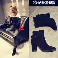 2016春秋靴子女韩版真皮粗跟短靴女 高跟裸靴女马丁靴磨砂皮女靴