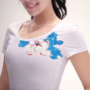 原创中国风水墨上衣夏季民族风女式短袖白色t恤衫时尚百搭蓝莲花