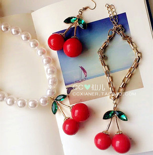 日本vivi杂志lena同款可爱镶钻樱桃珍珠短款项链手链耳环女饰品