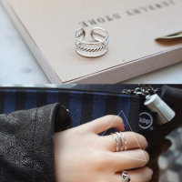 韩国S925纯银个性三圈线戒指可开口调节戒指女时尚食指指环银饰戒