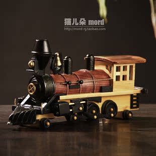 手工实木环保木质创意复古蒸汽火车头模型摆件家居客厅装饰礼品