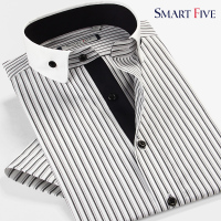 SmartFive 条纹商务休闲男士衬衣纯棉小圆领修身短袖衬衫 修身