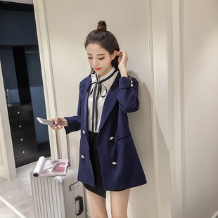 模特实拍 韩版学院风翻领长袖双排扣中长款西装外套女