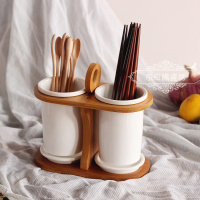 日式简约厨房餐具白色陶瓷竹架双筒沥水筷子筒 刀叉收纳防锈防腐