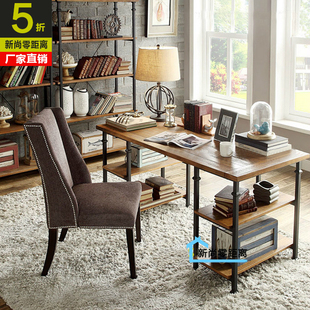 美式乡村实木电脑桌台式家用办公桌创意铁艺复古实木书桌书架组合