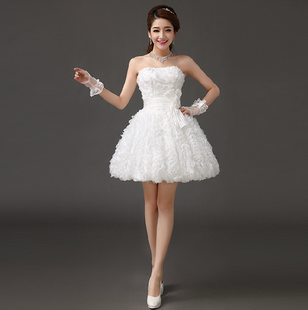 婚纱礼服2014新款 韩版抹胸手工花朵 短款婚纱修身伴娘礼服 绑带