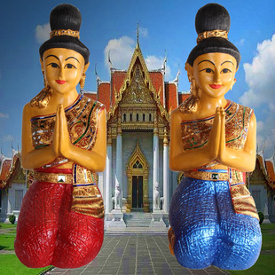 泰国进口侍女萨瓦的卡招财雕像会所迎宾人像 创意木雕彩绘迎宾