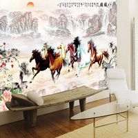 现代中式大型壁画墙纸客厅沙发壁纸电视背景八骏全图壁布高清无缝