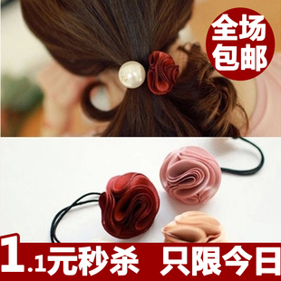 新款韩国版珍珠玫瑰花朵发圈头花发绳头绳皮筋马尾头饰发饰品