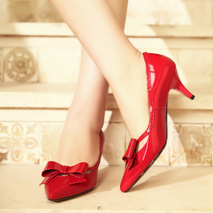2015春秋新款女鞋尖头细跟单鞋 镂空性感红色结婚鞋中跟蝴蝶结夏