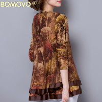 Bomovo欧洲站新款复古印花上衣中长款打底衫秋长袖T恤女小衫女装