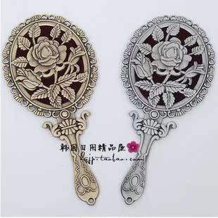 韩国进口复古系列玫瑰花镂空铜镜手持手柄镜 随身镜 化妆镜包邮