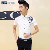 2015夏季新款韩版男士青年短袖衬衫青花瓷印花衬衣夜店雪纺男寸衫