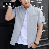 男士夏季立领衬衫男短袖格纹寸衫韩版修身格子衬衣青少年学生衣服