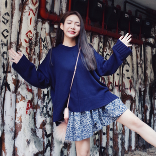2016冬装新韩版宽松粗针圆领全棉藏蓝圆领套头毛衣长袖女上衣毛衫